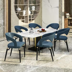 2-Piece Leather Dining Chairs Ergonomic Curved Open Back Design in Black Iron Entice Collection in Blue