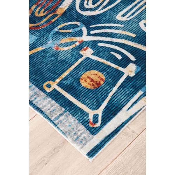 6 ft. x 6 ft. Denim Multi-Colored Sportsglyphs Abstract Washable Area Rug
