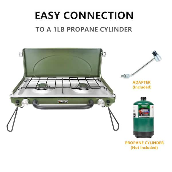 onlyfire 2-Burner Portable Propane Gas Grill Griddle Camp Stove in Green  with Foldable Legs, Heavy-Duty Latch & Handle THT144-BK - The Home Depot