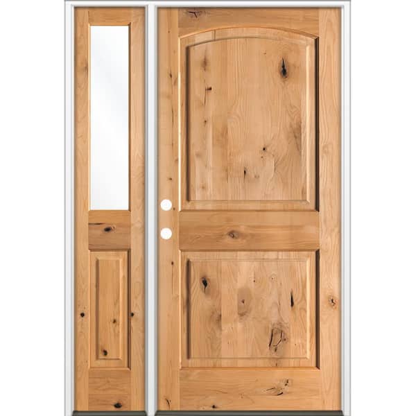 Krosswood Doors 56 in. x 80 in. Knotty Alder 2-Panel Arch-Top Right-Hand/Inswing Clear Glass Cedar Stain Wood Prehung Front Door LHSL