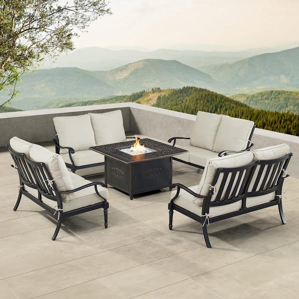 Oakland Living Black 5-Piece Aluminum Patio Fire Pit Set with Light Grey Cushions