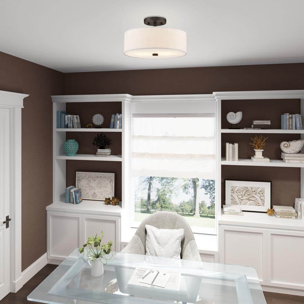 Meridian English Bronze 13" Drum Semi-Flush Mount with Oatmeal Fabric Shade