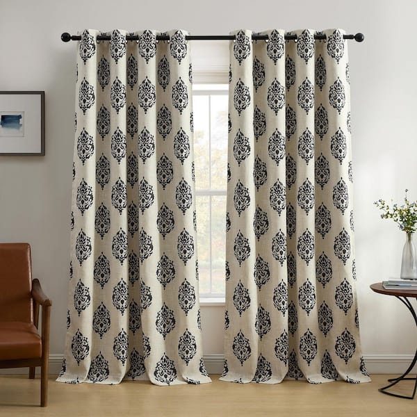 Elrene Navara Black Medallion Poly-Linen 52(in)X84(in) Grommet Top Room Darkening Curtain Panel