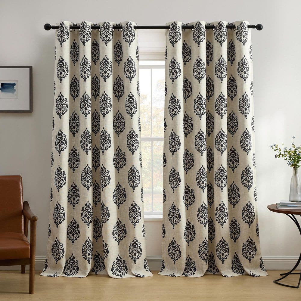 Black and Off-White Medallion Print Blackout Grommet Curtains