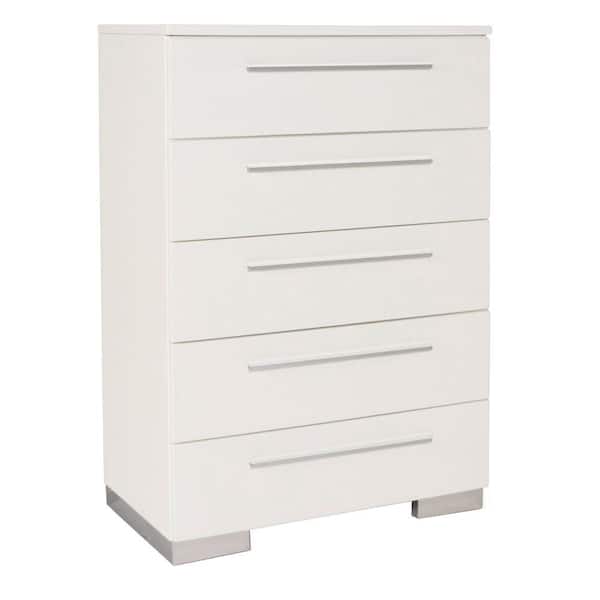 Benjara 35 in. White and Silver 5-Drawer Wooden Chest of Drawers