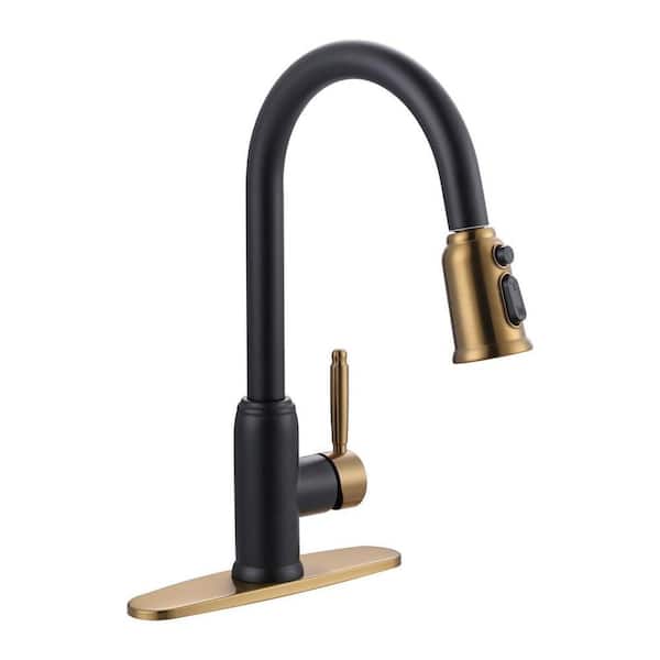 15.4 in. Single Handle Stainless Steel Pull Down Sprayer Kitchen Faucet with 3-Modes Swivle Spout in Black and Gold