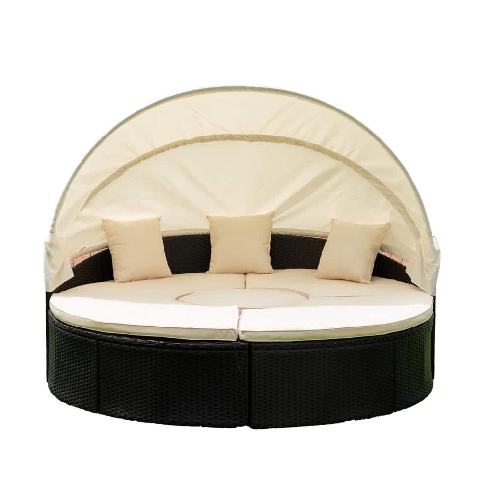 PE Wicker Outdoor Chaise Lounge Retractable Canopy Combination Seat Set Bla