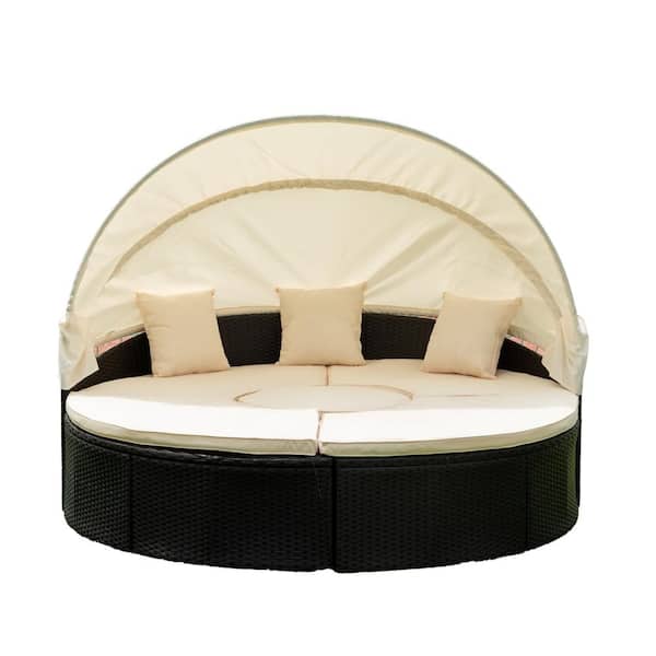 Unbranded PE Wicker Outdoor Chaise Lounge Retractable Canopy Combination Seat Set Black Wicker with Beige Cushion