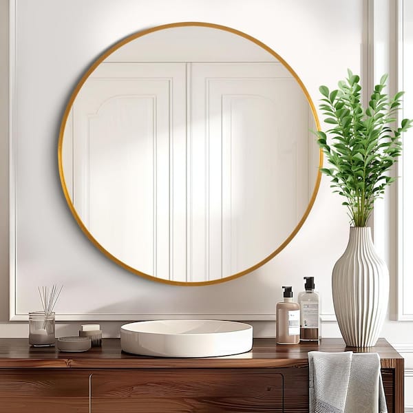 Lirago 20 in. W x 20 in. H Metal Framed Round Mirror in Gold