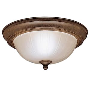 11.5 in. 2-Light Tannery Bronze Traditional Hallway Flush Mount Ceiling Light with Stain Etched Glass