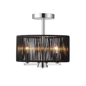 3-Light Polished Chrome Semi-Flush Mount Ceiling Light with Black Rattan Shade