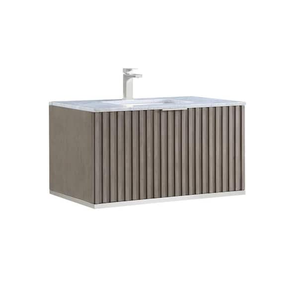 BEMMA Terra 36 in. Wallmount Bath Vanity in Greywash with Vanity Top in White Carrara Marble with White Basin