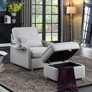 Multi-Function Light Gray Linen Accent Side Chair with Storage Ottoman and Folding Side Table for Living Room Bedroom