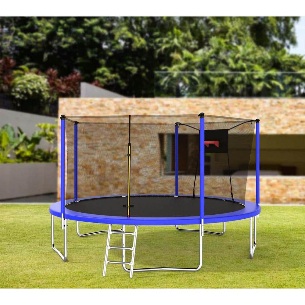 14 ft Blue Round Outdoor Trampoline with Enclosure Net and Ladder
