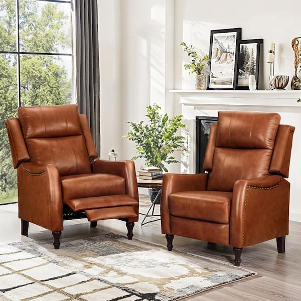 Hania Camel Genuine Leather Recliner Chair Arm Chair with Rivets & Retractable Footrest (Set of 2)