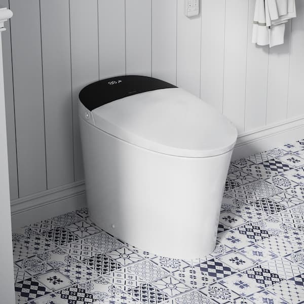 Elongated ADA LED 1.6/1.1 GPF Build-in Tank Smart Bidet Toilet in White, Auto Open/Close/Flush, Foot Sensor, Foam Shield
