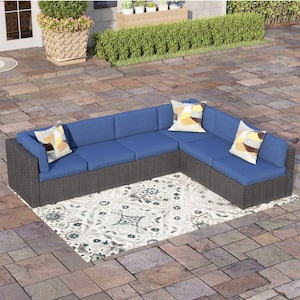 Dark Brown 6 Seat 6-Piece Rattan Wicker Steel Patio Outdoor Sectional Set with Blue Cushions