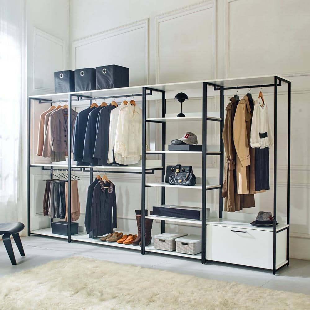 Fiona White Freestanding Walk-In Closet System with Metal Frame and Drawers