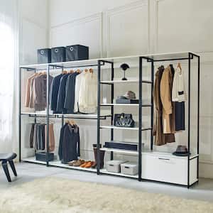 Fiona 143 in. W White Freestanding Walk in Wood Closet System with Metal Frame