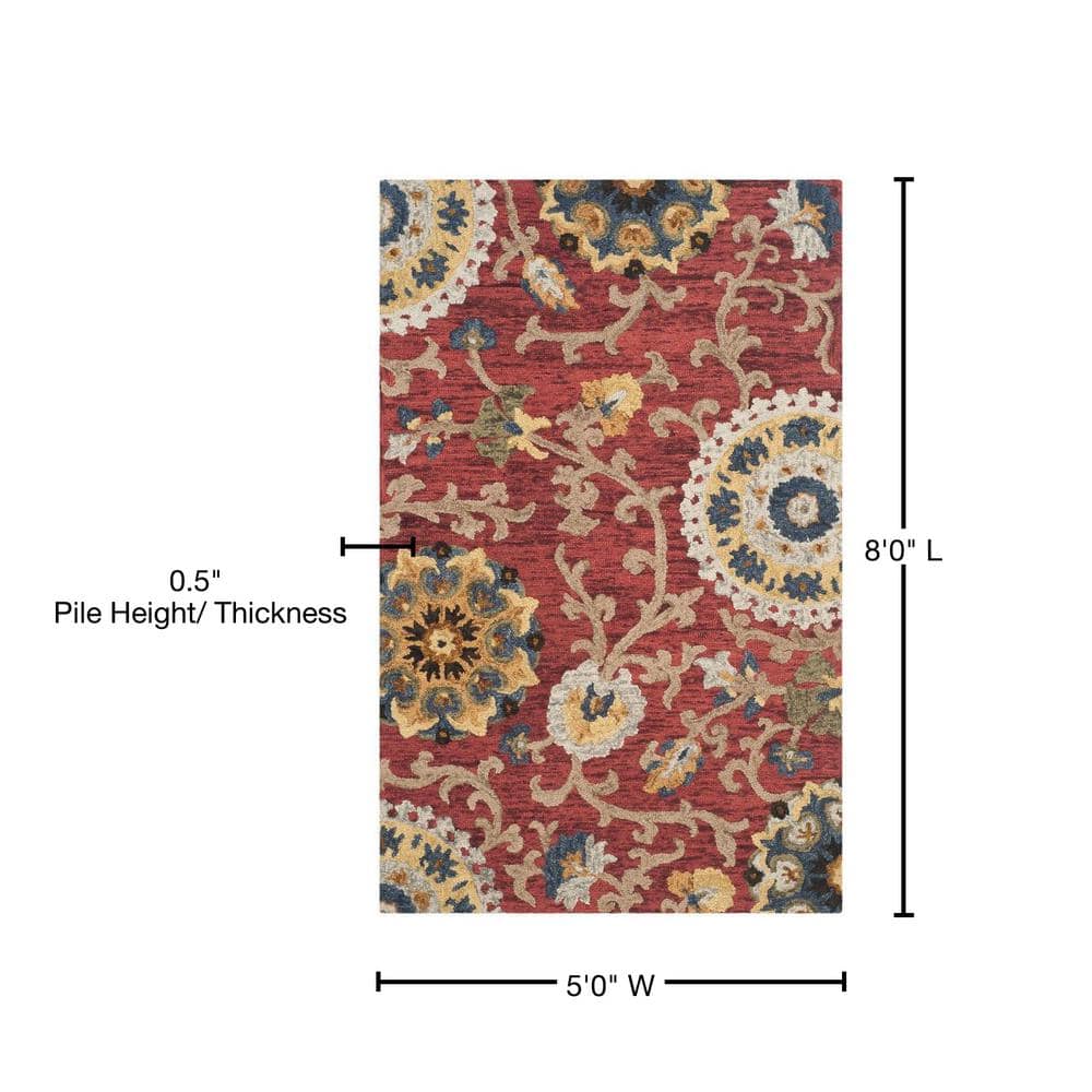 Handmade Blossom Red Floral Wool Area Rug 5' x 8'