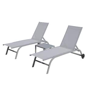 Set of 3 Gray Aluminium Outdoor Patio Chaise Lounge with Adjustable Backrest and Wheels (2 Chairs and 1 Table)