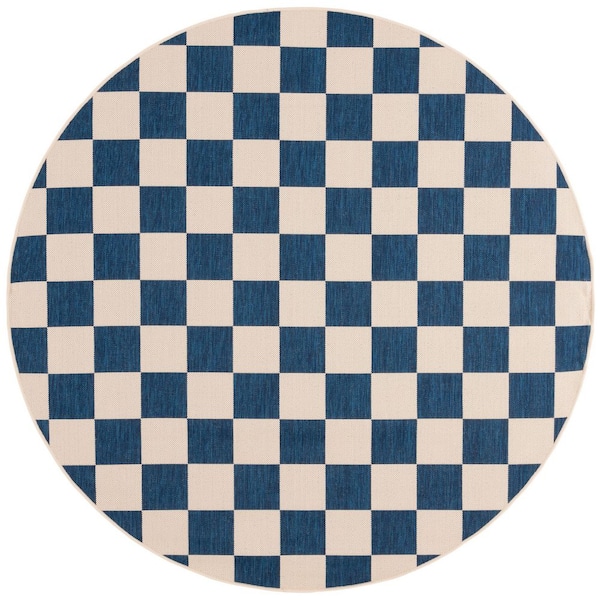 Courtyard 7 ft. x 7 ft. Navy/Beige Checkered Indoor/Outdoor Round Rug