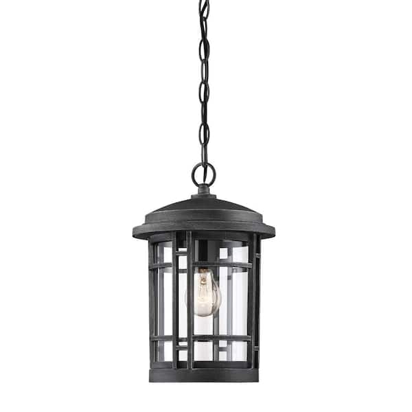 Designers Fountain Barrister 1-Light Weathered Pewter Outdoor Hanging Pendant Lamp with Clear Glass Shade