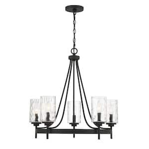 Meridian 5-Light Matte Black with Clear Water Glass 21in Wide Chandelier with No Bulbs Included