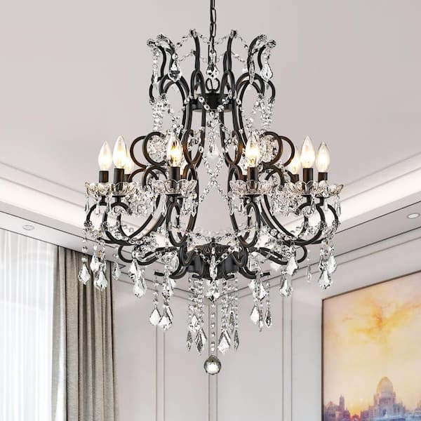 Atlanta 10-Light 24.5 in. Black Crystal Traditional Candle Dimmable Chandeliers Living Dining Foyer Lighting