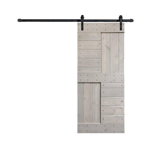 COAST SEQUOIA INC S Series 36 in. x 84 in. Light Gray Finish Knotty Pine Wood Sliding Barn Door with Hardware Kit