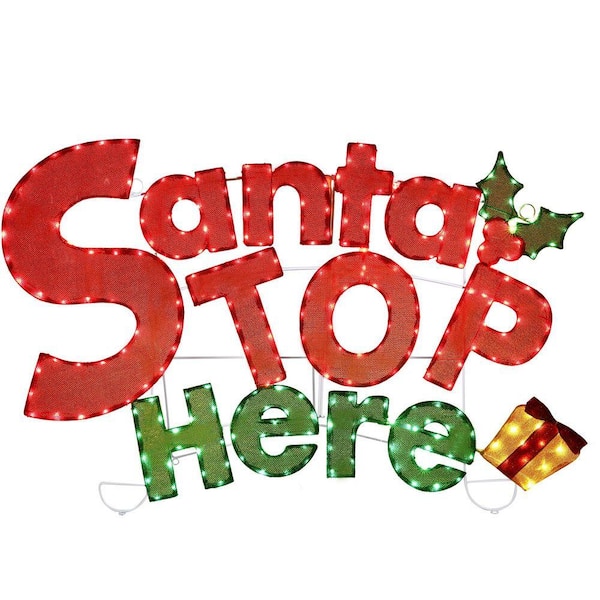 47 in. W Outdoor Christmas Decoration Santa Stop Here Sign with Red and Green LED Lights