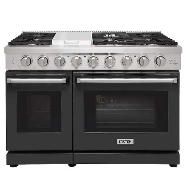 Propane 48 in. 6.8 cu. ft. 6 Burners Freestanding Double Oven Gas Range in Stainless Steel w/ Griddle, Black Oven Door
