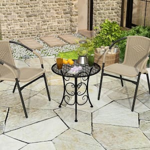 20 in. Black Round Metal Outdoor Side Table End Table, Outside All Weather Iron Coffee Bistro Table for Garden Poolside