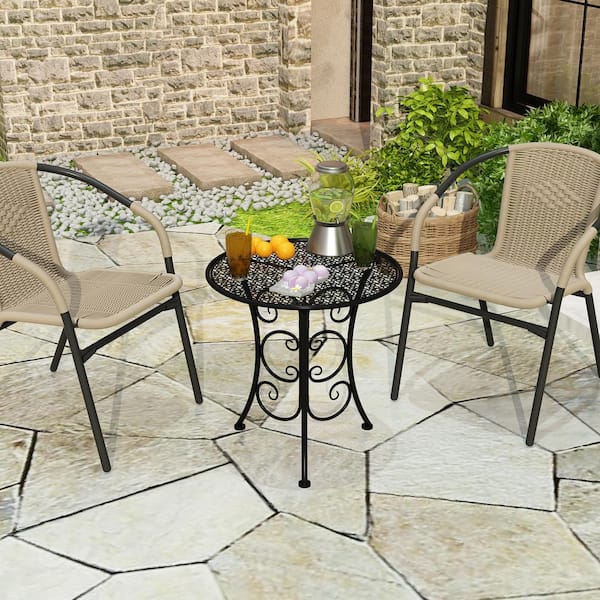 FUFU&GAGA 20 in. Black Round Metal Outdoor Side Table End Table, Outside All Weather Iron Coffee Bistro Table for Garden Poolside