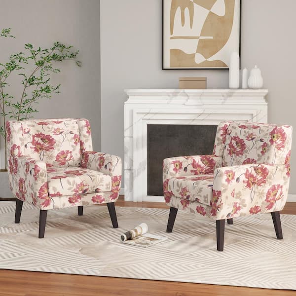 Mid-Century Modern Pink Floral Pattern Linen Accent Armchair set of 2
