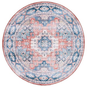 Arizona Blue/Rust 6 ft. x 6 ft. Distressed Border Ornate Machine Washable Round Area Rug