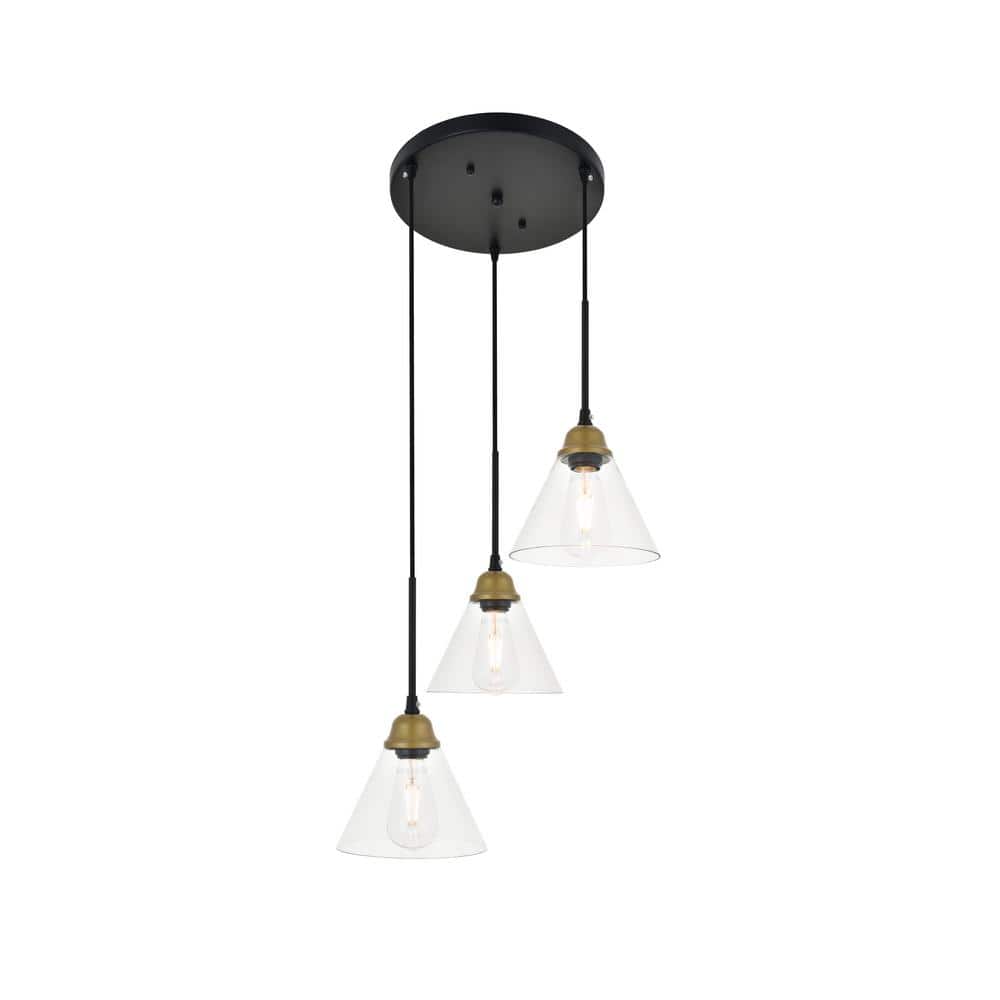 Timeless Home 17.9 in. 3-Light Brass And Black And Clear Pendant Light, Bul