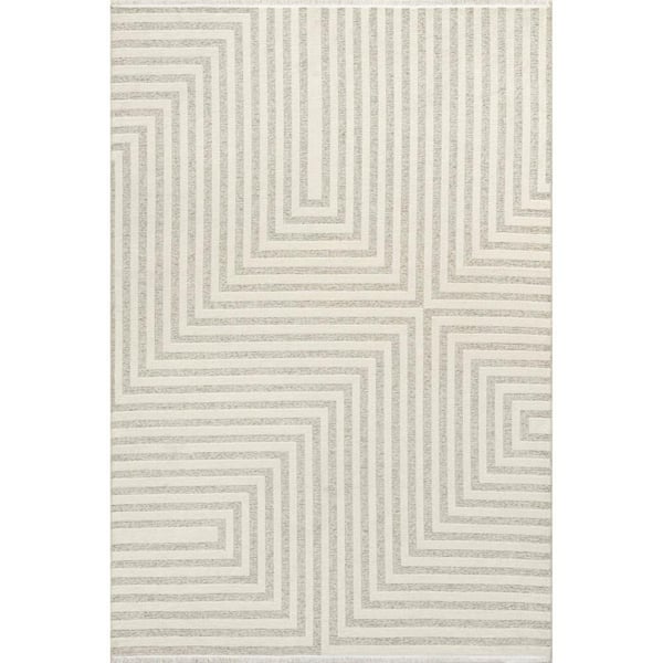 Nicolai Graphic Fringed Reversible Machine Washable Cream 7 ft. x 9 ft. Area Rug