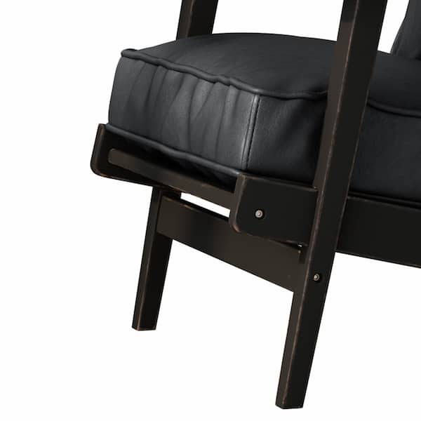 ATHMILE Black Mid-Century PU Leather Solid Wood Accent Chair with Removable Cushion (Set of 1)