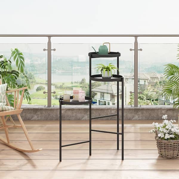 30 in. Metal Corner Plant Stand in Black Indoor/Outdoor (3-Tier)
