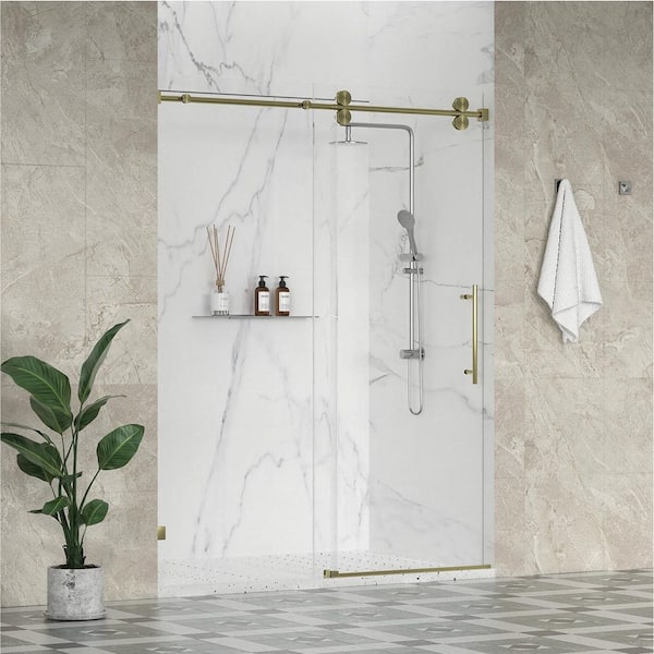 Vesta 45 to 48 in. W x 76 in. H Frameless Sliding Shower Door in Brushed Bronze with 3/8 in. Easy-Clean Clear Glass
