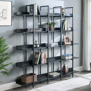 70.87 in. Black MDF Board Wooden 5-Shelf Accent Bookcase with Metal Frame Vintage Industrial Home Office Open Bookshelf