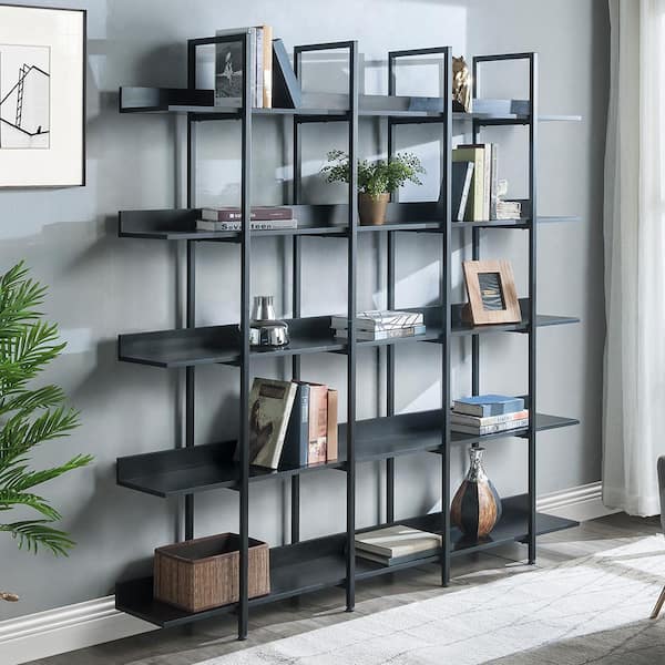 70.87 in. Black MDF Board Wooden 5-Shelf Accent Bookcase with Metal Frame Vintage Industrial Home Office Open Bookshelf
