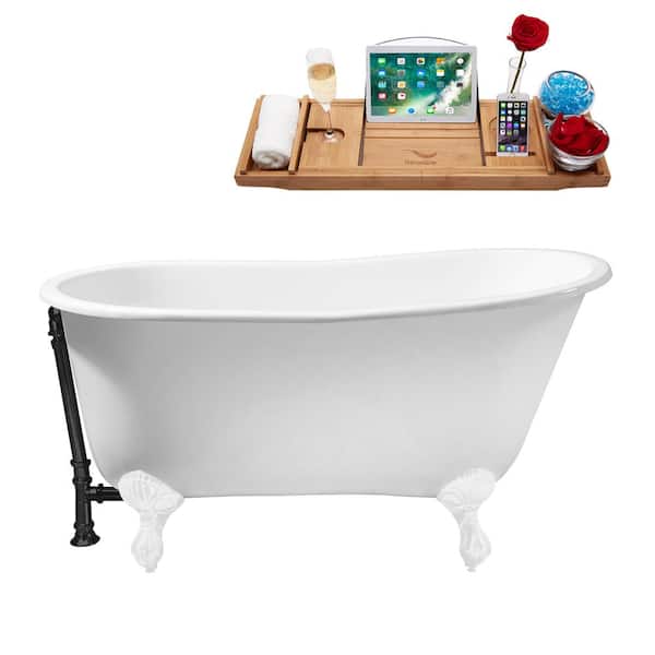 Streamline 53 in. x 28 in. Cast Iron Clawfoot Soaking Bathtub in Glossy White with Matte Black Clawfeet and Matte Black Drain