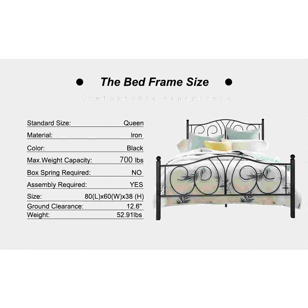 Victorian Black Metal Queen Platform Bed Frame with Headboard and Footboard