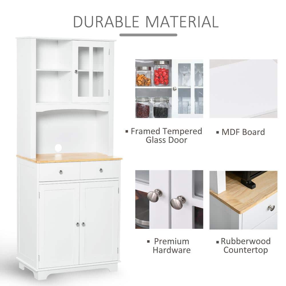 White Recessed Panel Kitchen Buffet with Hutch and Rubberwood Countertop