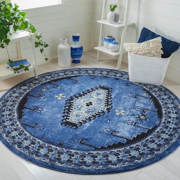 Vintage Hamadan Blue/Black 7 ft. x 7 ft. Border Medallion Floral Round Area Rug
