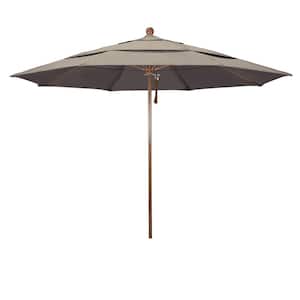11 ft. Woodgrain Aluminum Commercial Market Patio Umbrella Fiberglass Ribs and Pulley Lift in Taupe Sunbrella