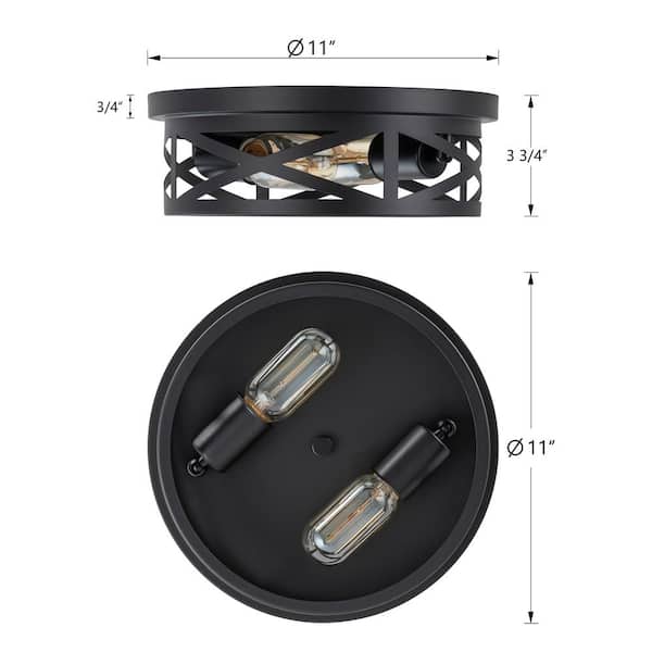 C Cattleya 11 in. 2-Light Industrial Black Round Cage Flush Mount