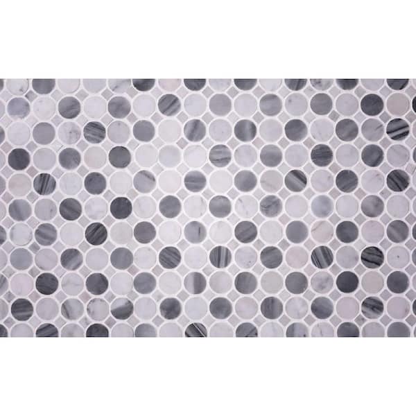 Apollo Tile Gray and White 12.7 in. x 12.7 in. Penny Round with Dot Polished Marble Mosaic Tile (5.60 sq. ft./Case)